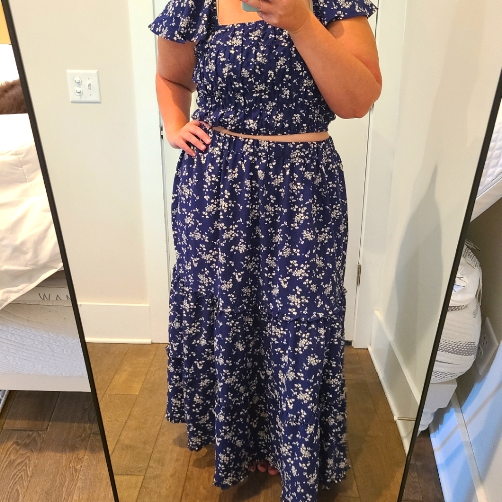 Lane Bryant Two Piece Blue Floral Maxi Skirt And Crop Top Set